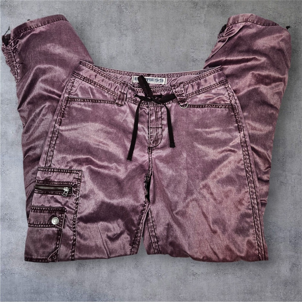 Y2K EXPRESS Womens Plum Satin Bondage Cargo Pants Size 4 Drawstring Waist T44